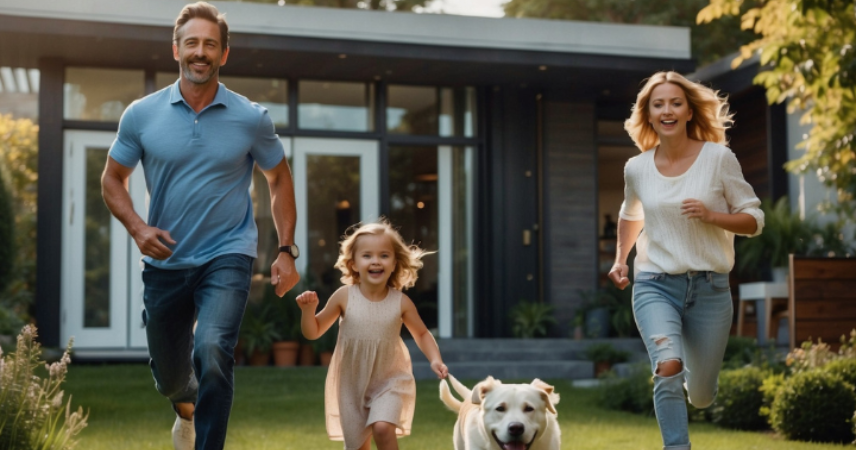 Família feliz em frente ao seu imóvel comprado com consórcio imobiliário