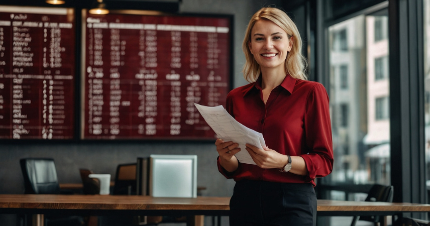 Uma melhor de negócios dentro do seu escritório, segurando planilhas, tranquila por ter o controle do capital de giro da sua empresa