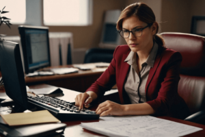 A foto de uma empresária, sentada em sem escritório, em frente a um computador, fazendo contas para declarar a venda de um consórcio contemplado