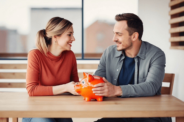 Um casal sentado à mesa com um cofrinho, feliz por ter conquistado a casa própria da maneira mais econômica que existe