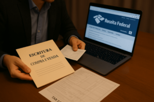 fotografia de uma pessoa revisando documentos (escritura, notas fiscais) ao lado de um laptop aberto no portal da Receita Federal, com a intenção de declarar lucro sobre venda de imóveis