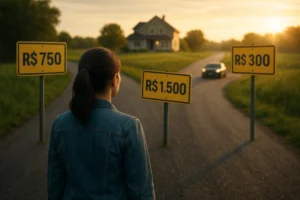 Mulher em frente a uma estrada com três caminhos e placas indicando R$ 750, R$ 1.500 e R$ 3.000, representando quanto fica a parcela de um consórcio de 300 mil em diferentes cenários.
