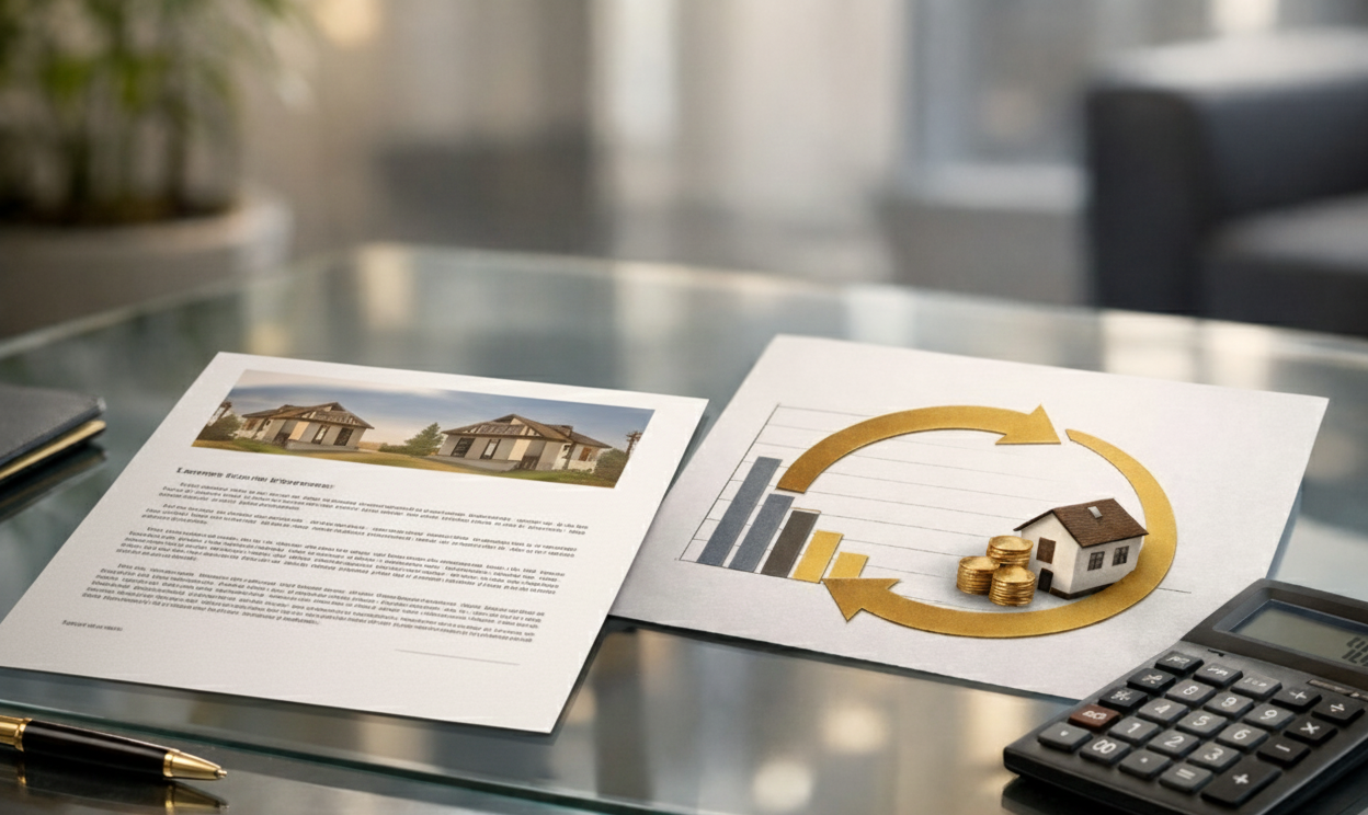 Lance embutido no consórcio, documento em cima de mesa de vidro, ao lado de gráfico e calculadora.