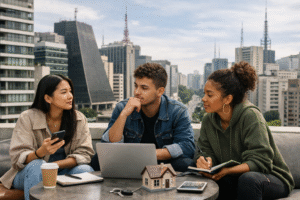 Imagem mostra três jovens adultos da Geração Z em um ambiente urbano de São Paulo, sentados em um rooftop com vista para prédios e avenidas da cidade. Eles conversam e analisam informações em notebook, celular e caderno, enquanto uma miniatura de casa simboliza o planejamento para a compra do primeiro imóvel. A cena transmite decisão, planejamento financeiro e os desafios de adquirir um imóvel na capital paulista.