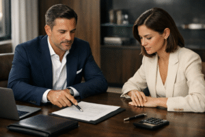 Imagem gerada por IA de repasse de consórcio contemplado em escritório premium, com um homem e uma mulher elegantes analisando contrato e documentos em uma mesa de reunião.